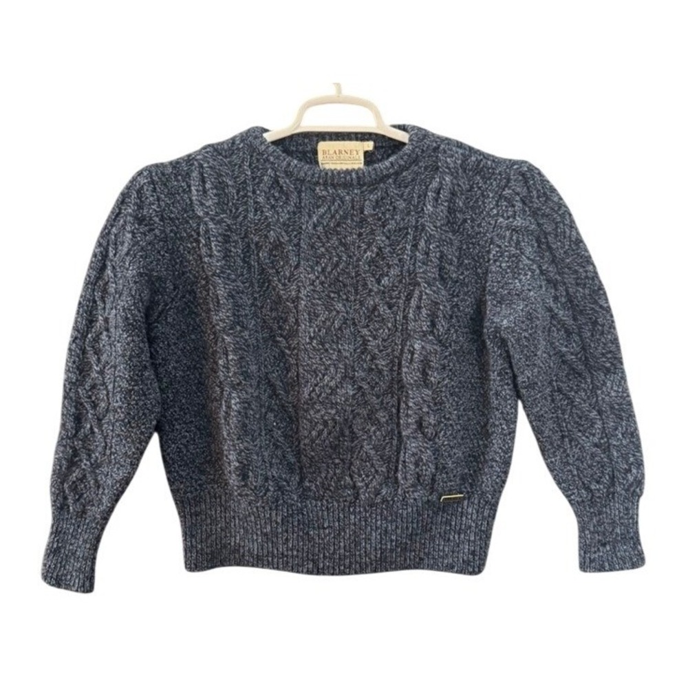 Blarney Sweater Aran Blue Merino Wool Cable Knit Women L Made in Ireland